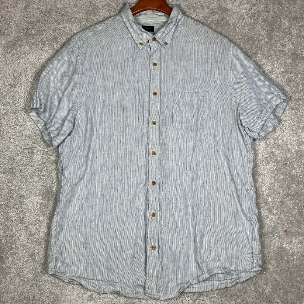 J.Crew XLT Button Baird McNutt Irish Linen Down Mens Blue Short Sleeve Stripe
